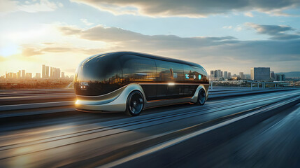 Futuristic Bus on Highway at Sunset - 3D Illustration