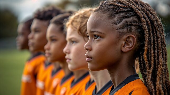 Focused young football players lined up in orange jerseys