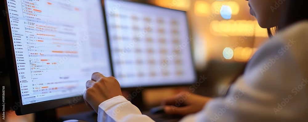 Poster a person working on dual monitors displaying data and analytics in a modern office setting.