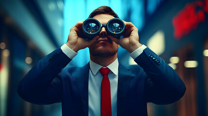 Businessman Looking Through Binoculars in City - Photo