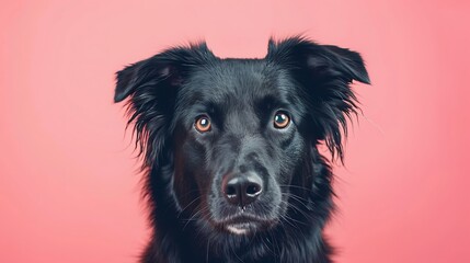 An adorable black sheepdog portrait set against a pink background