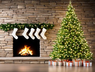 Fototapeta premium Festive Christmas Fireplace Tree Gifts Holiday Decor