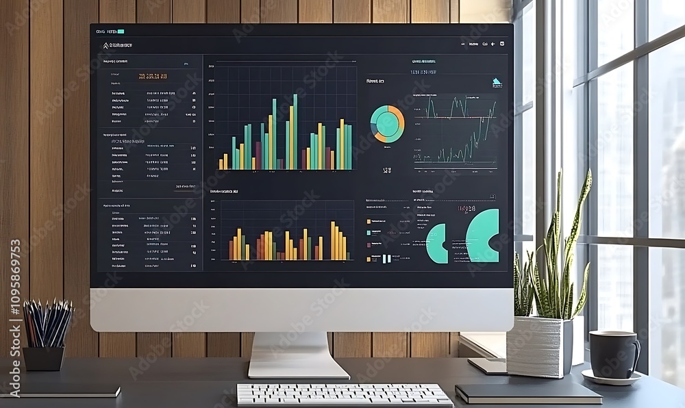 Poster a sleek computer monitor displaying colorful data visualizations and analytics.