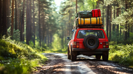 Obraz premium Red Car on Forest Road with Luggage on Roof - Realistic Image