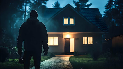 Silhouette of a Man Walking Towards a House at Night