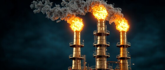 Fototapeta premium Industrial Flare Stacks Night Pollution Refinery Energy Smoke Fire