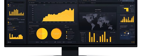 Data dashboard displaying analytics with charts, maps, and performance metrics.