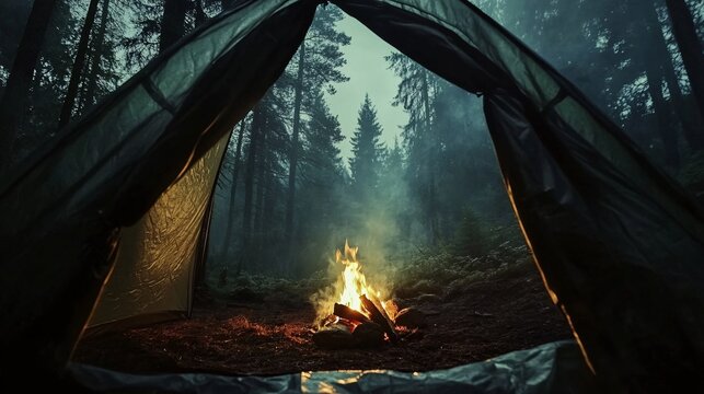 a tent at a campfire, dark ominous woods in the background, night, horror setting forest,