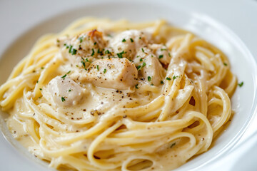 Creamy chicken pasta dish with tender chicken pieces and linguine noodles, garnished with herbs and black pepper on a white plate