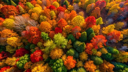 Aerial View of a Forest Canopy Showing Vibrant Autumn Foliage in a Spectrum of Colors