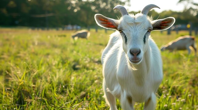 An up close view of a goat in a farm pasture