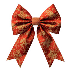 Red decorative bow with floral pattern, perfect for gifts and celebrations, adding touch of elegance and charm to any occasion