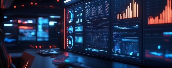 A modern workspace featuring data dashboards and analytics displays.