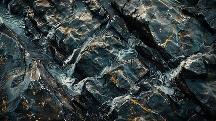 Fototapeta premium A macro view of a fjord's rocky shore, capturing the intricate textures and water-worn patterns.