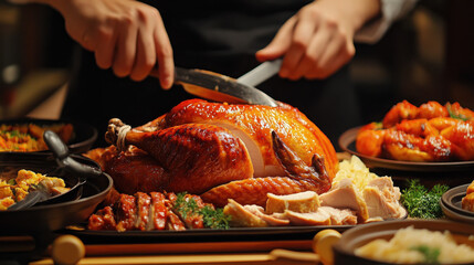 Closeup of a perfectly roasted turkey being carved, surrounded by vibrant side dishes, hands serving food, evoking a festive family gathering