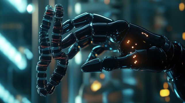A robotic hand delicately holds a flexible, looped object, showcasing advanced technology.