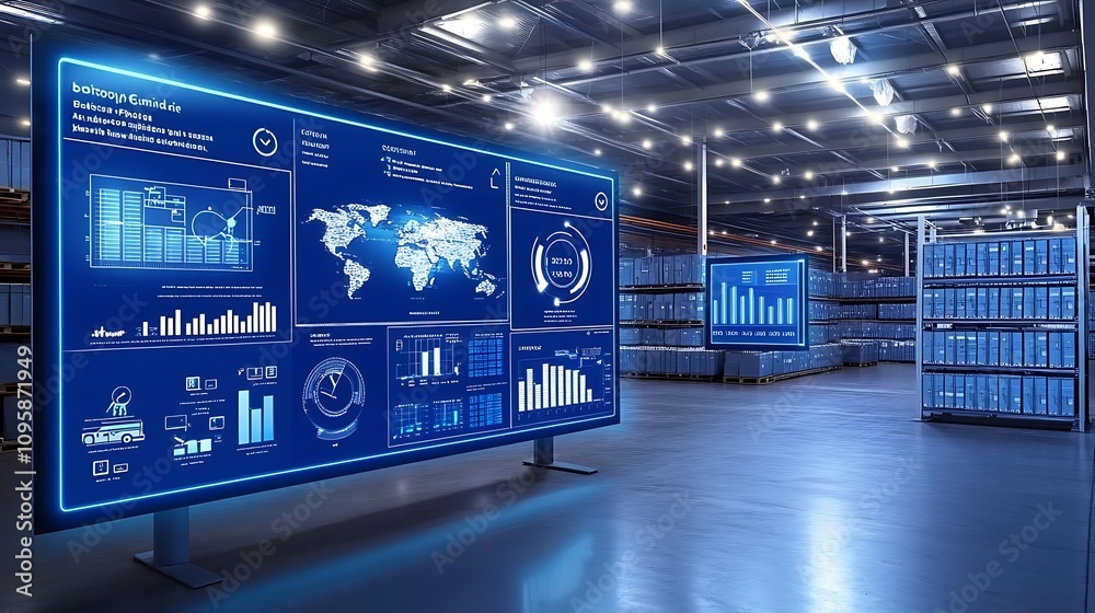 Poster a high-tech data visualization display in a warehouse setting, showcasing analytics and metrics.