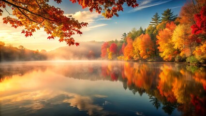 Serene Autumn Sunrise Over Misty Lake Reflected in Still Water