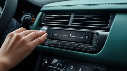 Obraz premium A hand adjusting a car audio system in a stylish vehicle interior.