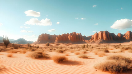 Naklejka premium Desert Landscape with Cactus and Red Rock Formations Photo