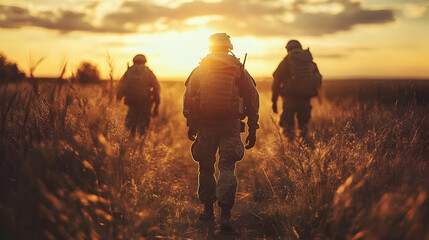 Soldiers Walking in a Field at Sunset - Photo