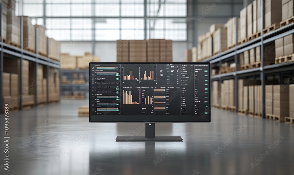 Poster a monitor displaying data analytics in a warehouse setting.