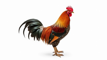 Colorful Rooster in Side View Isolated on White Background