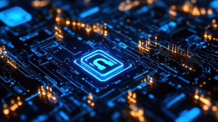 A close-up view of a digital circuit board with glowing components and a security symbol.