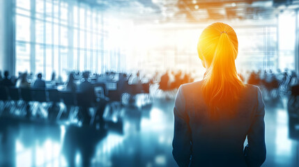 Woman in a Suit Facing a Blurred Audience in a Meeting Room Illustration