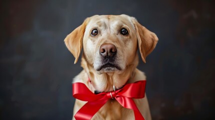 Charming small labrador retriever with a red ribbon around his neck in front