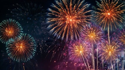 Abstract colored fireworks background with beautiful fireworks lighting up the night sky. Bokeh effect