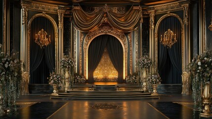 Fototapeta premium Ornate bridal stage, dark and light contrasts, heavy floral arrangements, regal golden decor