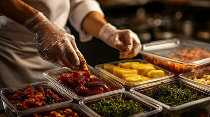 Chef Arranging Food in Containers - Realistic Photo