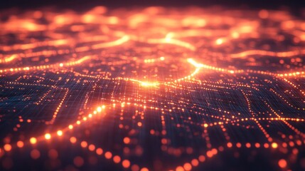 Abstract digital landscape with glowing nodes and interconnected lines.