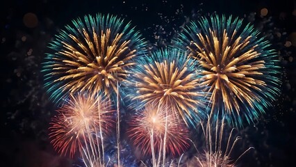 Abstract colored fireworks background with beautiful fireworks lighting up the night sky. Bokeh effect