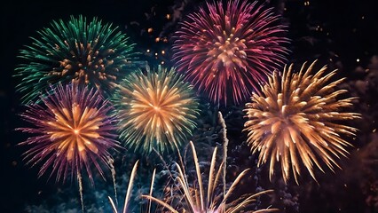 Abstract colored fireworks background with beautiful fireworks lighting up the night sky. Bokeh effect