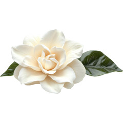 A beautiful, soft white flower with rounded petals and a glossy green leaf, exuding elegance and grace.