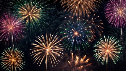 Abstract colored fireworks background with beautiful fireworks lighting up the night sky. Bokeh effect