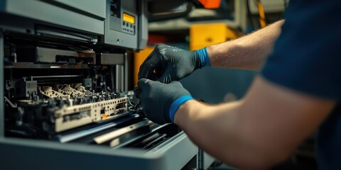 An image of a technician servicing a laser printer, focusing on the toner and its role in the printing process.