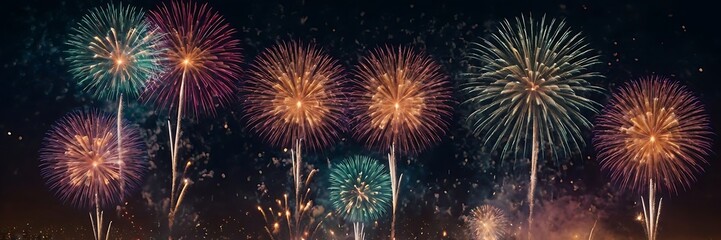 Abstract colored fireworks background with beautiful fireworks lighting up the night sky. Bokeh effect