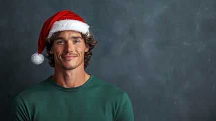 A smiling man wearing a Santa hat poses against a dark background, conveying a festive and cheerful holiday spirit.