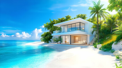 Fototapeta premium Modern Beach House with Tropical Landscape - 3D Illustration