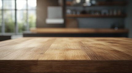 Wooden table with blurred wall background, for display or montage your products. Mockup for display of product.