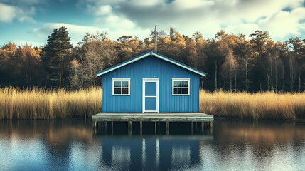 Fototapeta premium Blue Cabin on Water - Realistic Image