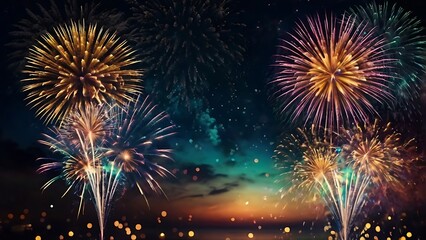 Fototapeta premium Abstract colored fireworks background with beautiful fireworks lighting up the night sky. Bokeh effect