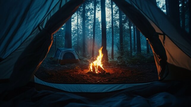 a tent at a campfire, dark ominous woods in the background, night, horror setting forest,
