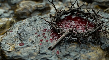 Thorn crown, single nail, scattered blood drops on rough stone, symbolic Easter scene