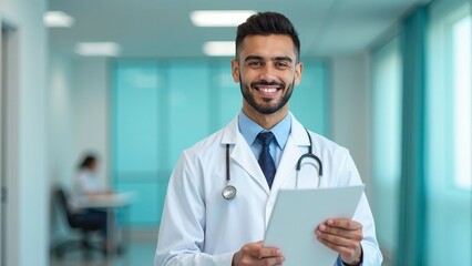 Young male doctor smiling while holding patient file in bright examination room