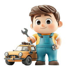Cartoon character mechanic with orange car and tools in hand
