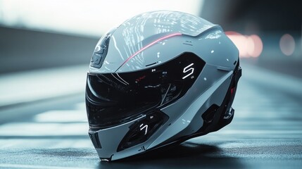 Fototapeta premium A sleek white motorcycle helmet resting on a surface, showcasing modern design and safety features.